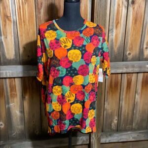 LuLaRoe Irma top casual orange red geometric balloons Sz XXS